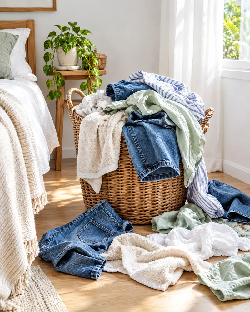 Cesto de roupas transbordando, com jeans e toalhas espalhados pelo chão do quarto