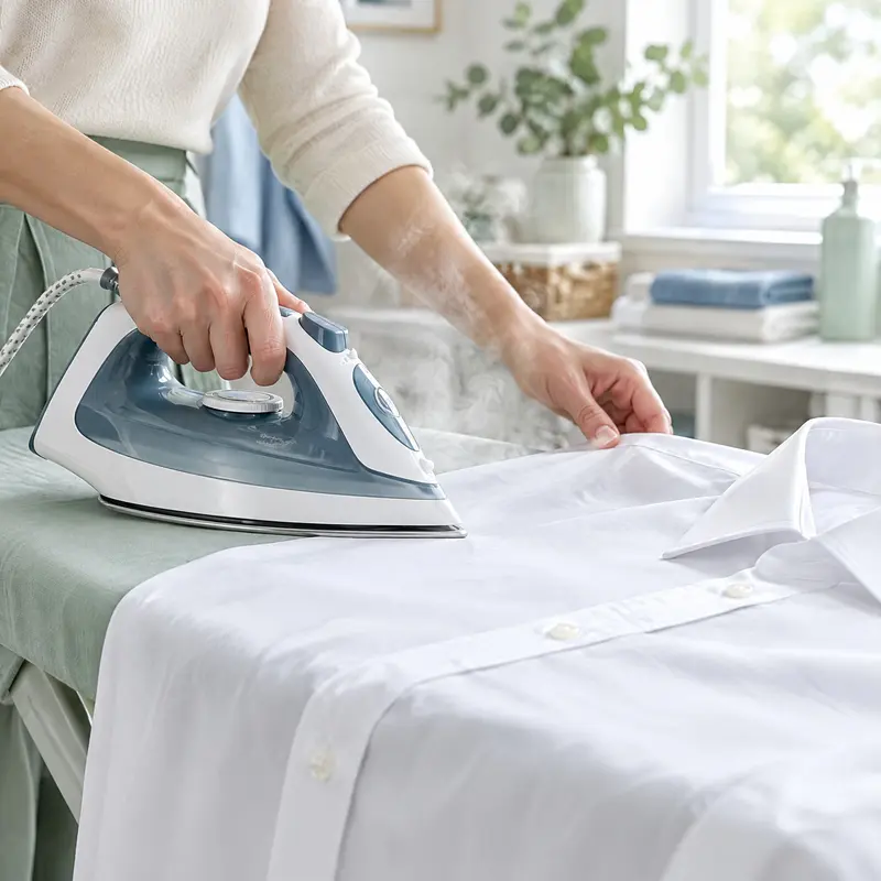 Mãos passando uma camisa branca com ferro a vapor