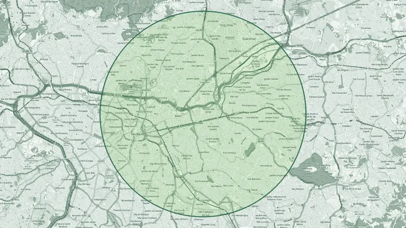 Mapa da Zona Leste e do centro de São Paulo com o raio de 10 km de retirada e entrega em volta da loja, no Tatuapé